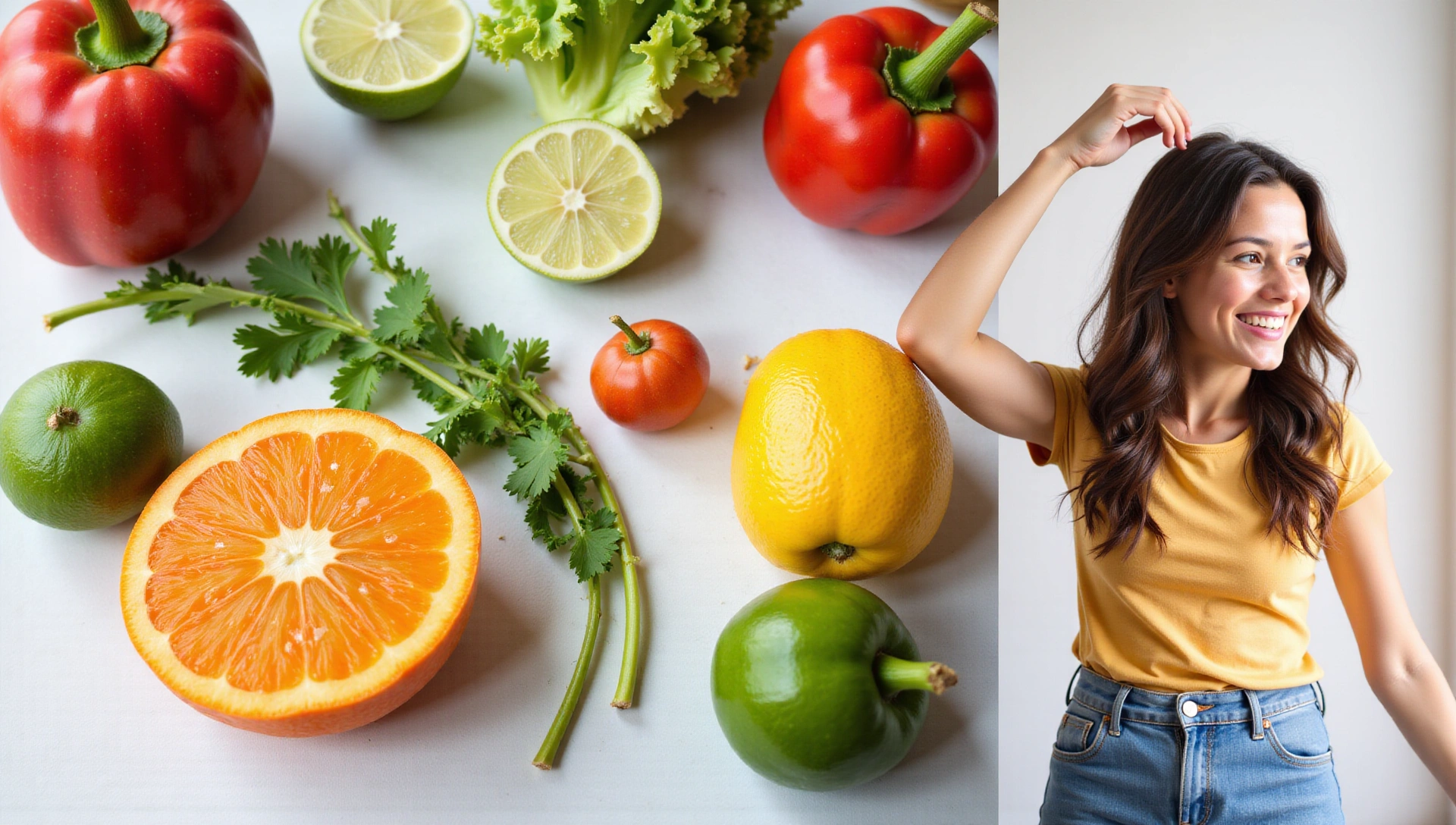Imagen de fondo de alimentos saludables, frutas y verduras frescas, una persona enérgica y feliz bajo luz natural.