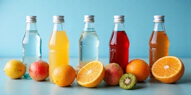 Imagen de varias botellas de agua y frutas, simbolizando hidratación.
