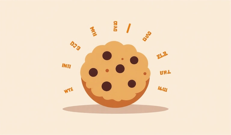 Ilustración de una galleta digital representando una cookie en la web, con pequeños bits de datos flotando alrededor.