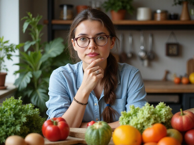 A person thoughtfully considering healthy food options, surrounded by fresh fruits and vegetables.
