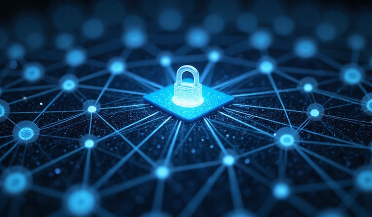 Ilustración de una red de conexiones digitales representando el intercambio de datos de forma segura.