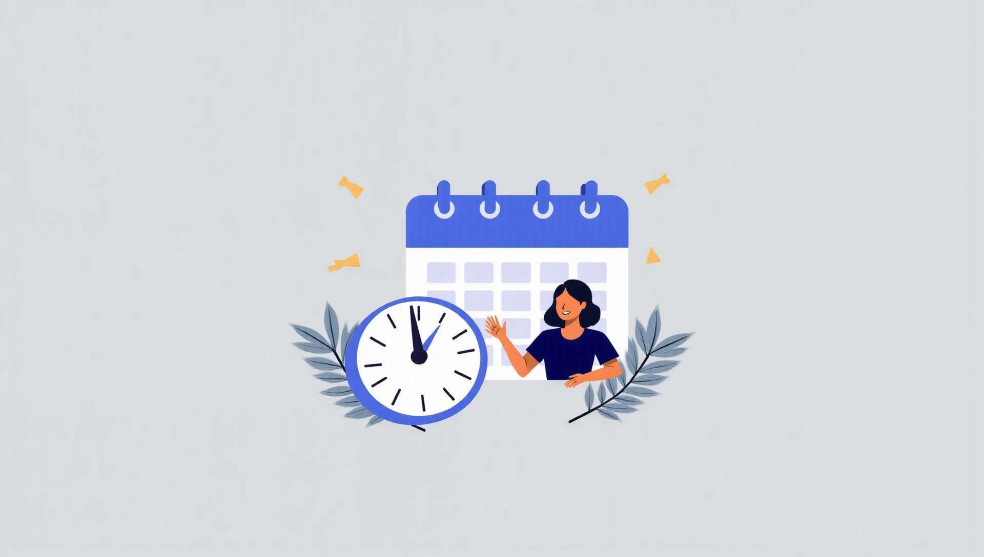 Icono de calendario, reloj y persona haciendo una cita online, limpio y acogedor.