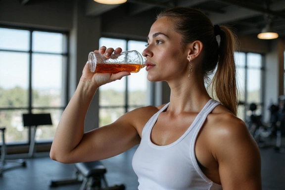 Atleta bebiendo agua, snack saludable, fondo de gimnasio.
