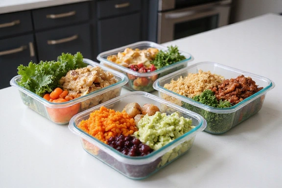 Contenedores de preparación de comidas con comida saludable, ambiente de cocina.