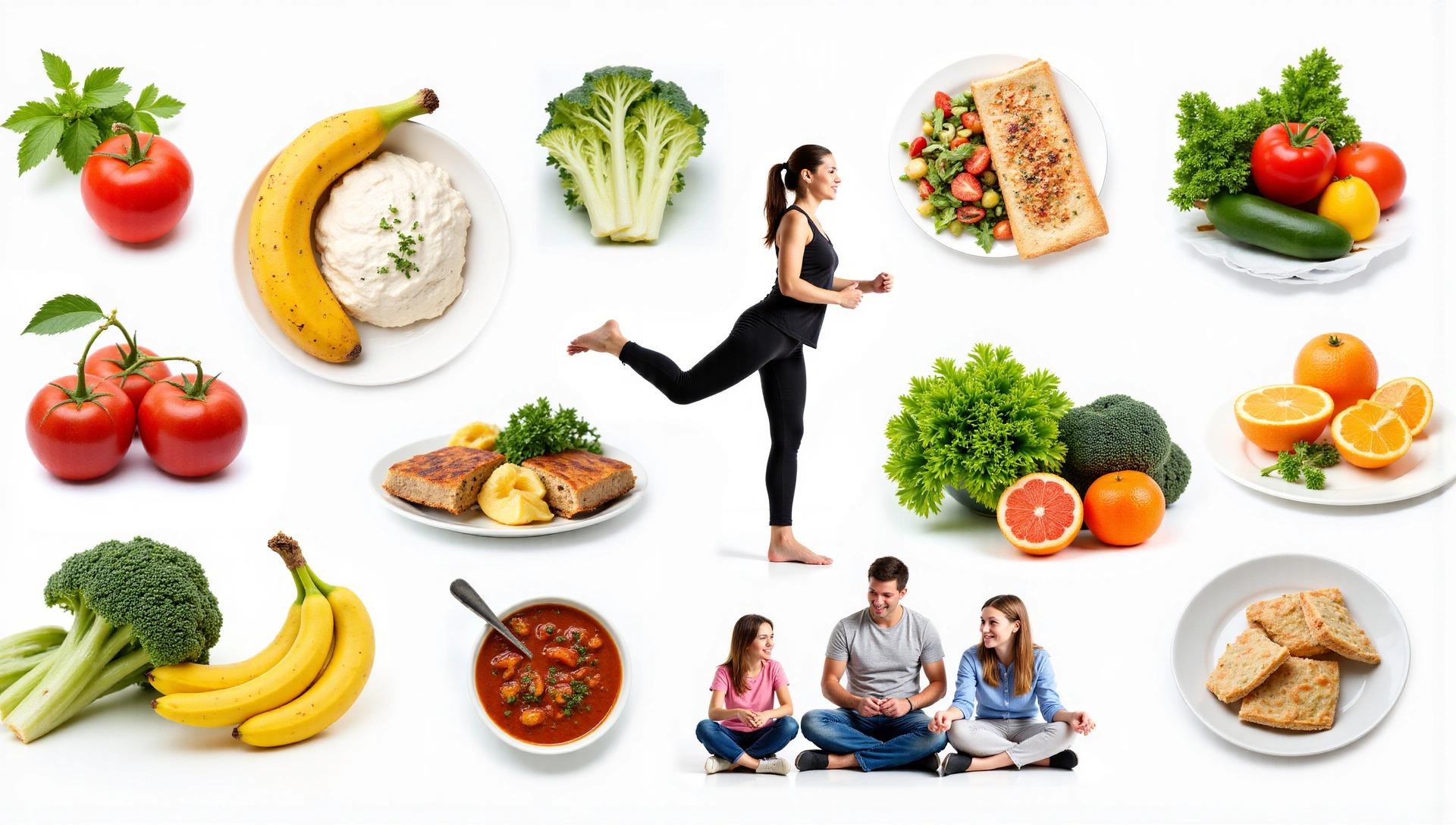 Diversas opciones de comida saludable, una persona haciendo ejercicio, una familia comiendo junta, vibrante y fresco.