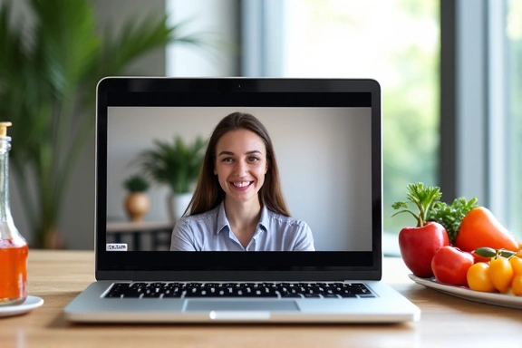 Laptop con videollamada, comida saludable en el escritorio, persona sonriendo.
