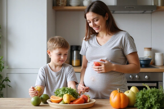 Mujer embarazada comiendo fruta, niño comiendo verduras, familia feliz.