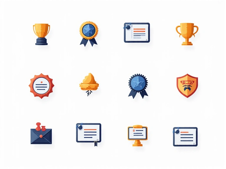 Iconos abstractos que representan certificados, logros y premios en nutrición.
