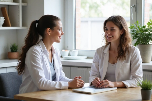 Nutricionista interactuando amistosamente con un cliente en una consulta.