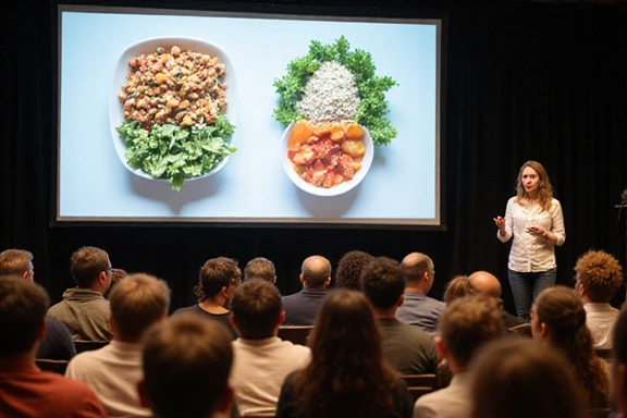 Nutricionista dando una presentación sobre alimentación saludable a una audiencia atenta.