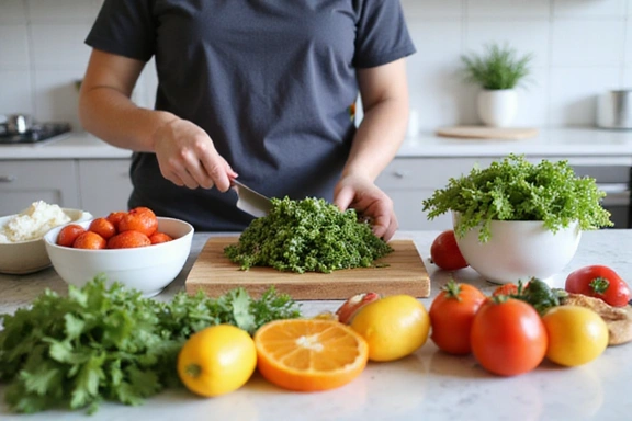 Nutricionista preparando una comida saludable y colorida en una cocina moderna.