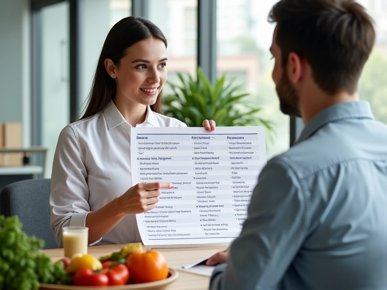 Nutricionista explicando un plan de alimentación a un paciente, con gráficos y alimentos saludables.