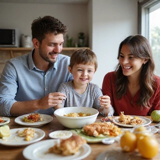 Familia feliz comiendo junta, comida saludable, sin texto.