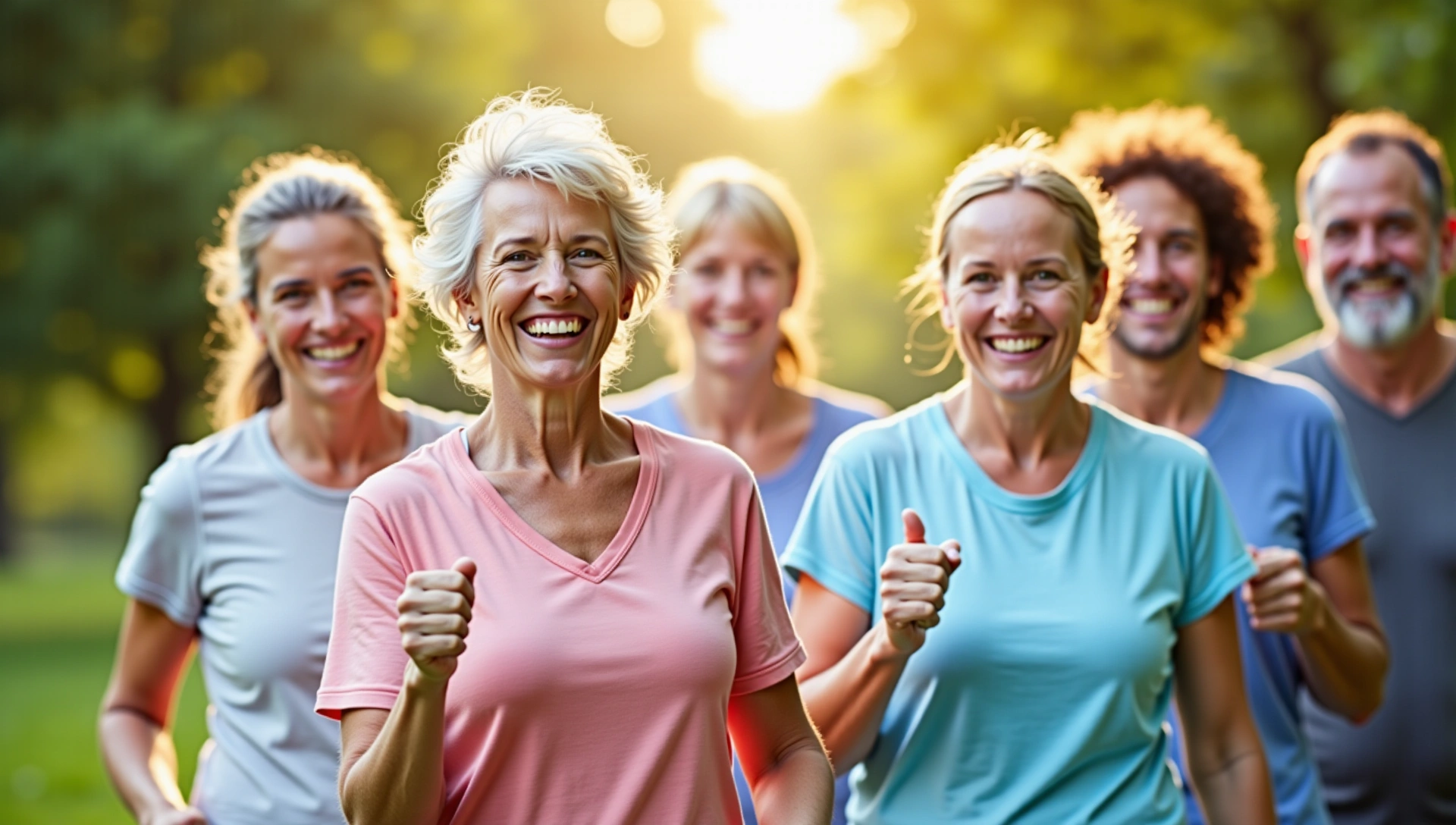 Grupo diverso de personas felices, saludables y activas, sonriendo y disfrutando de la vida, sin texto.