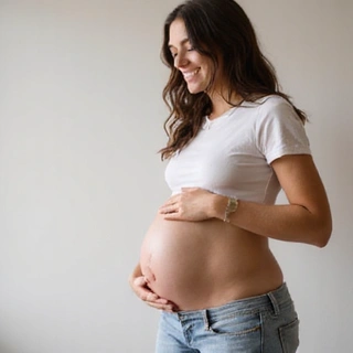 Mujer embarazada sonriendo, sosteniendo su vientre, sin texto.