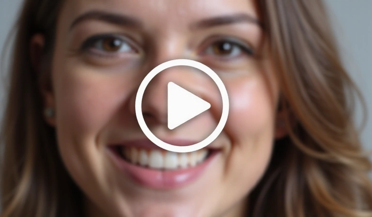 Ícono de botón de reproducción sobre una cara feliz borrosa, sin texto.